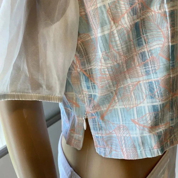 VTG IEF Womens L Silky Leaf Print Ruched Puff Sleeve Crop Top Fairy Square Neck - Picture 9 of 10